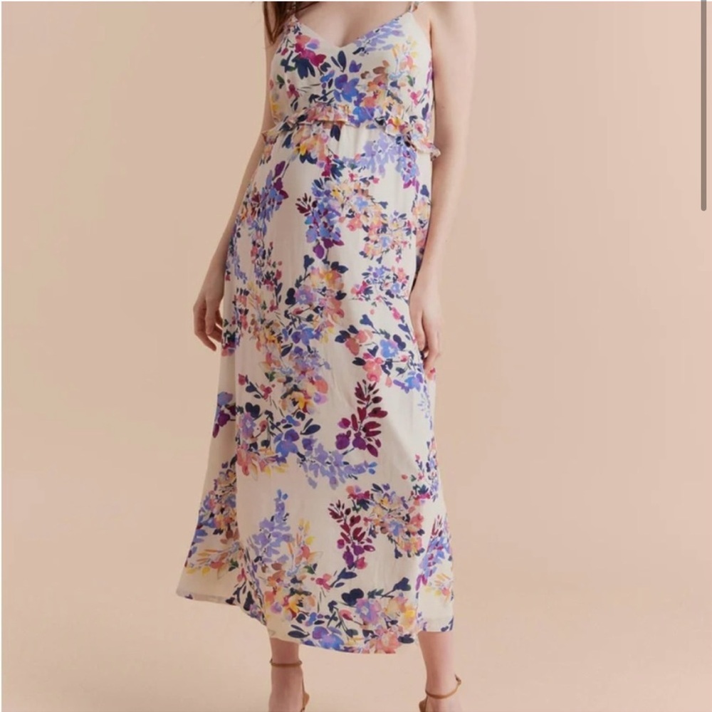A Pea in the Pod Cream Maxi Dress with Purple, Pink and Yellow Floral Print